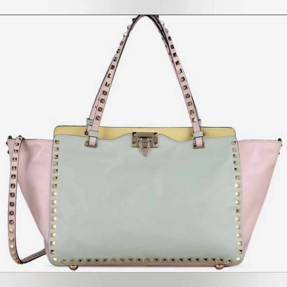 Valentino Garavani Vitello Watercolor Small Rockstud Tote Rose Green Yellow Sky